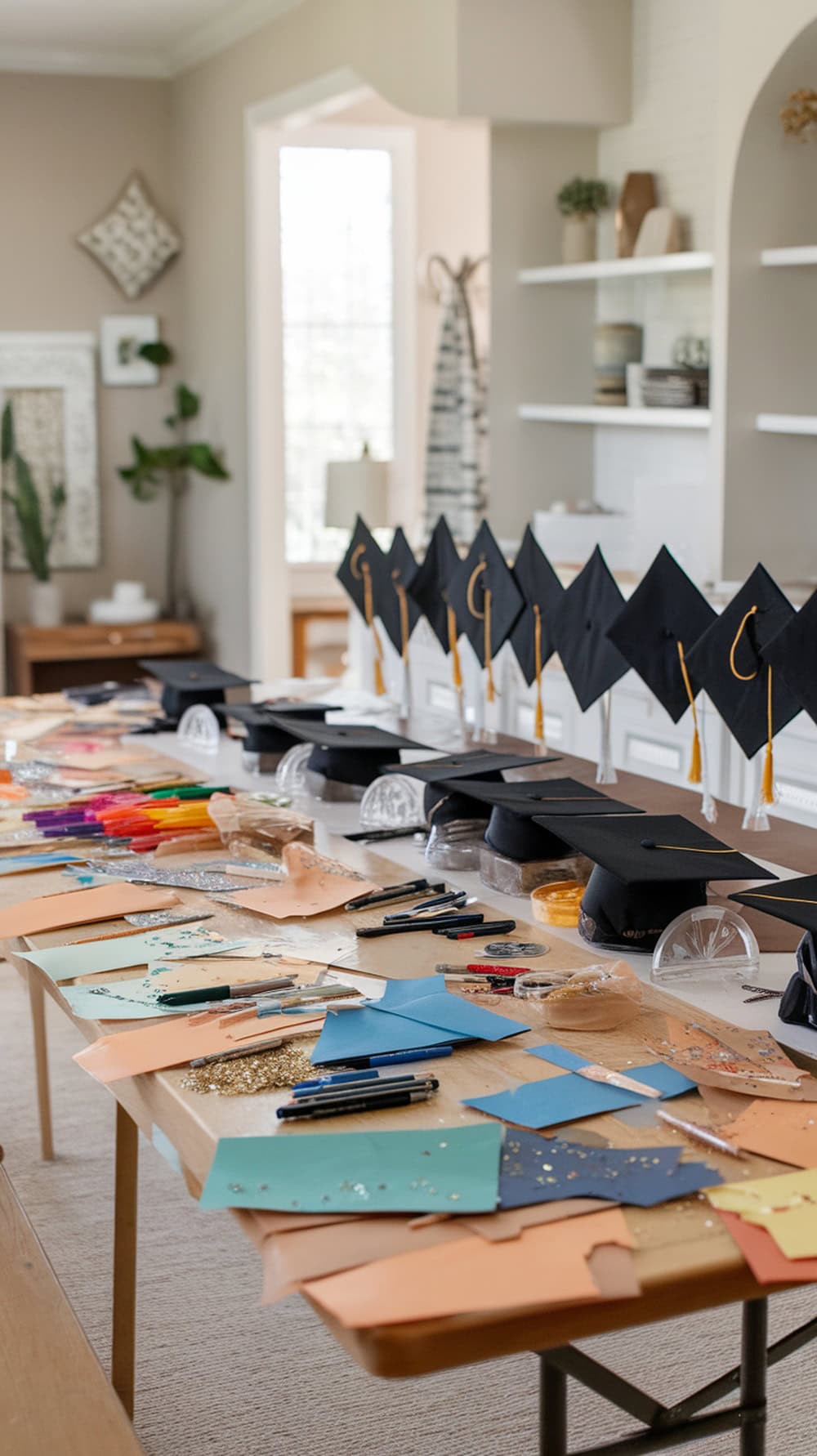 A table set up for decorating graduation caps with various craft supplies.