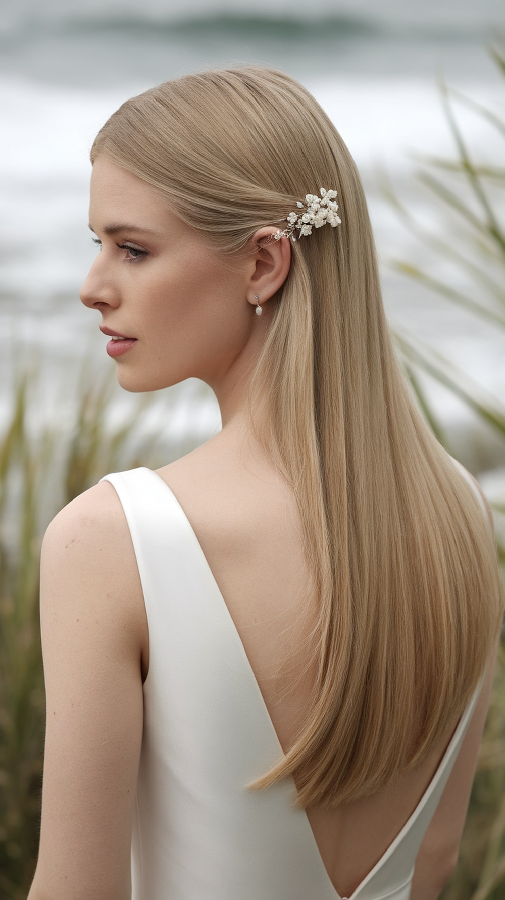 A woman with straight hair styled in a side part, adorned with a floral clip, standing by the beach.