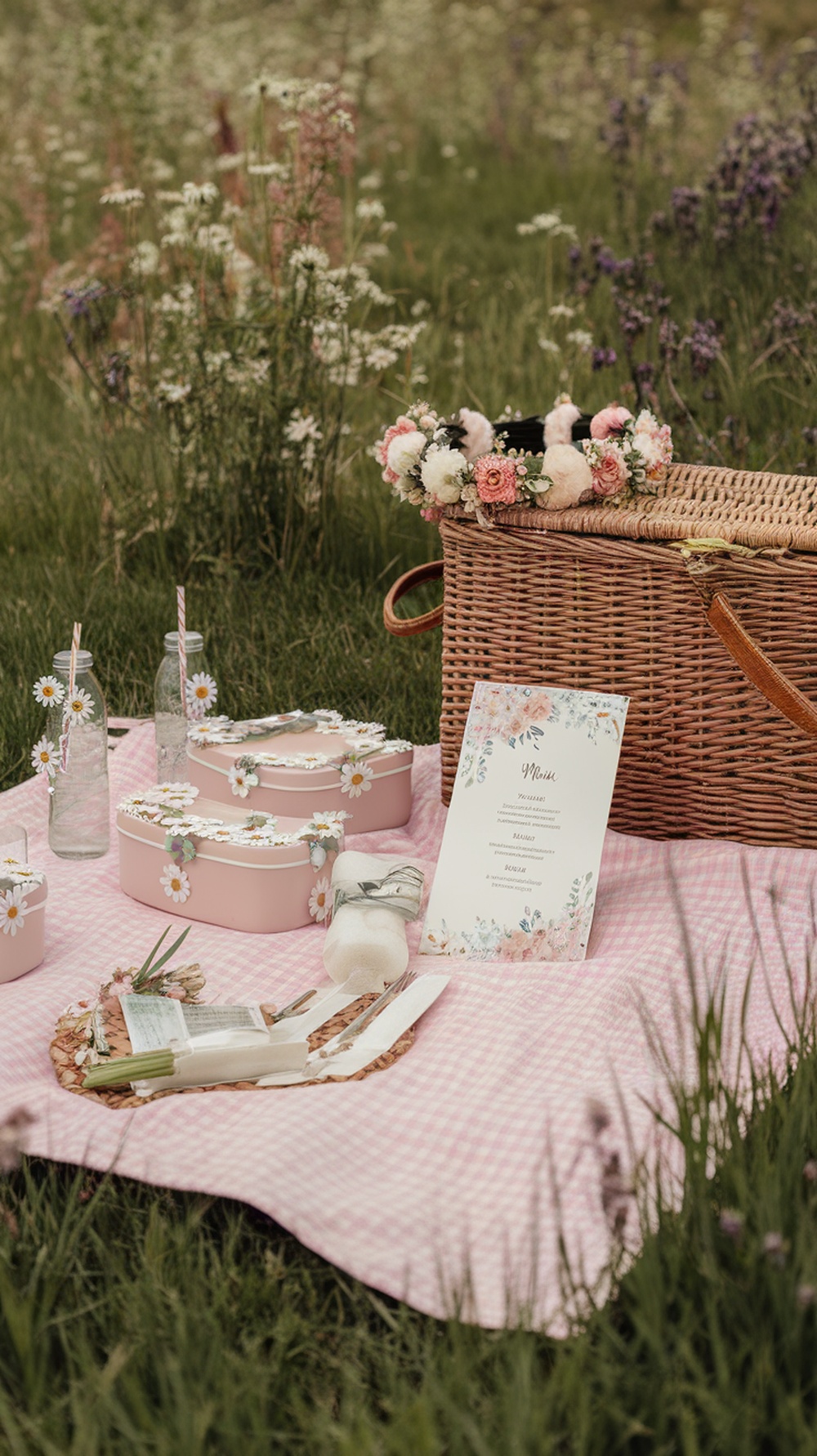 A pink floral picnic graduation setup with a blanket, food containers, drinks, and a menu card.