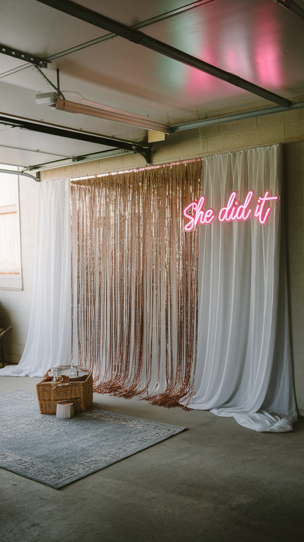 A garage photo booth corner with a shimmering rose gold backdrop and a neon sign that says 'She did it'.