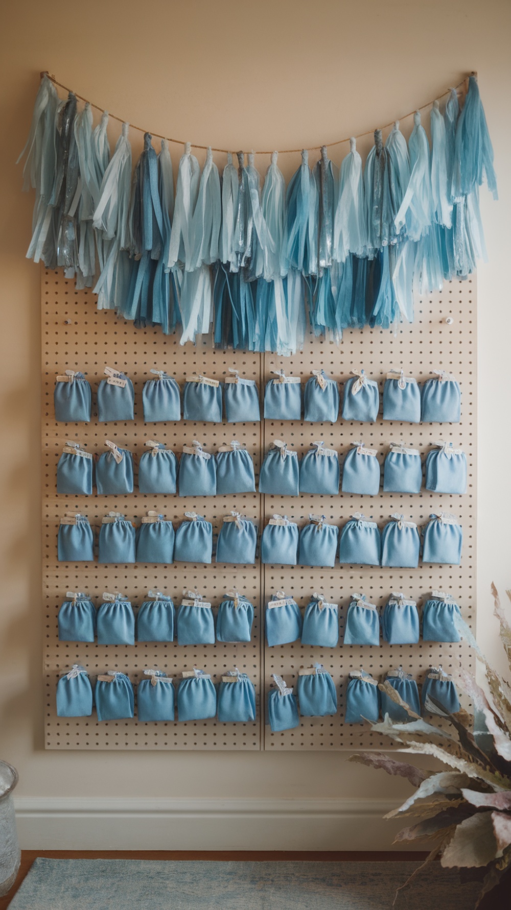 A wall decorated with a blue tassel garland and favor bags in shades of blue.