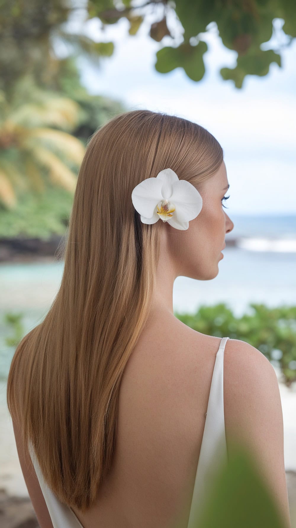 A woman with straight hair adorned with a fresh white orchid clip, set against a beach backdrop.