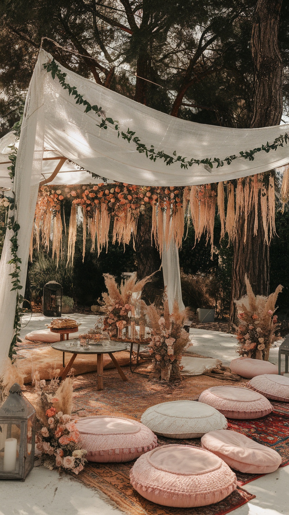 A floral canopy tent with cushions, decorated with flowers and greenery, set up for a graduation party.