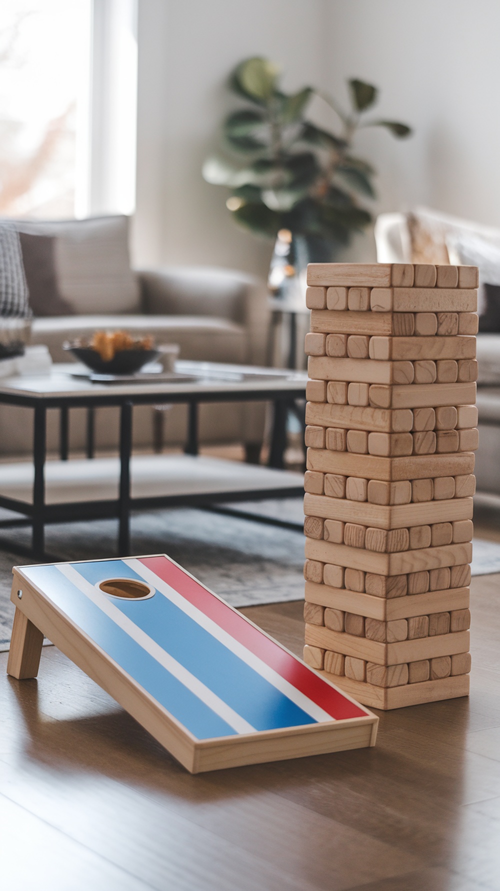 Indoor lawn game corner with cornhole and giant Jenga