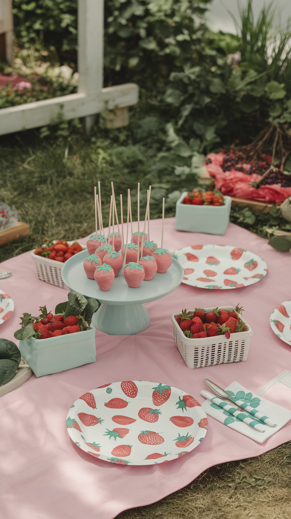 A strawberry-themed graduation party table with pink tablecloth, strawberry cake pops, fresh strawberries in baskets, and decorative plates.