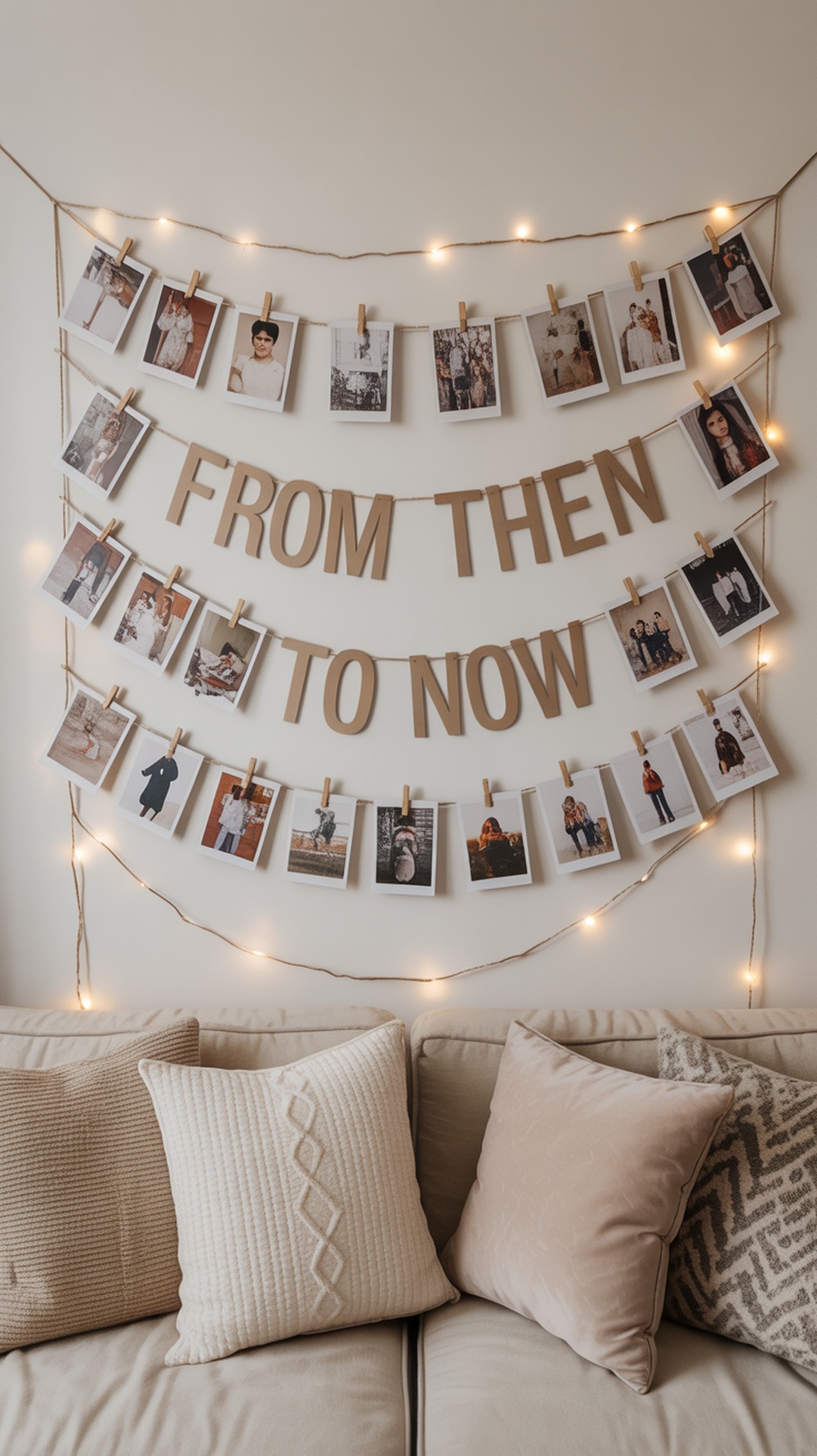 A photo timeline wall with lights and pictures celebrating a graduation.