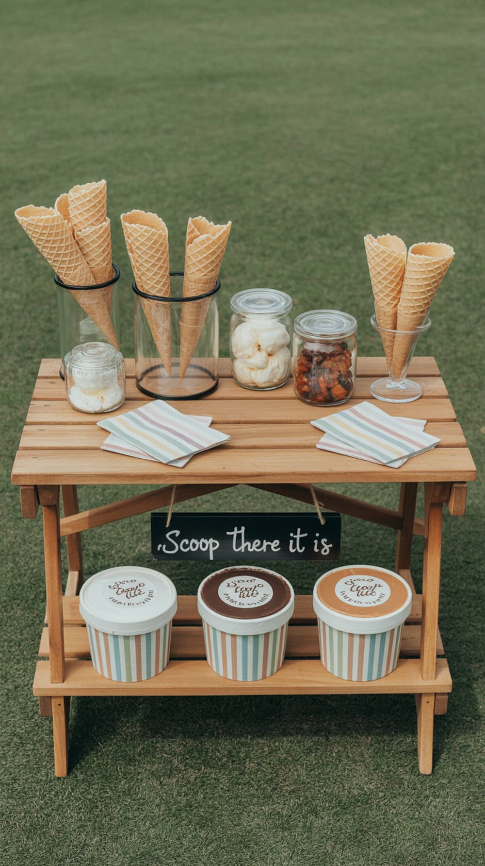 Ice cream bar table with cones, ice cream tubs, and toppings