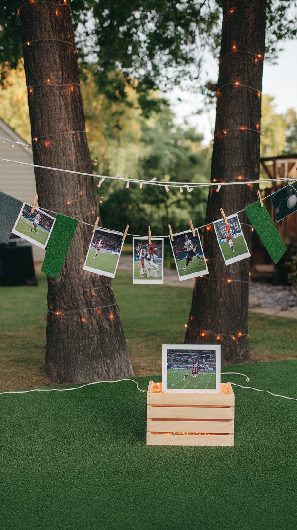 A backyard setup featuring a clothesline with football photos and decorative pennants.