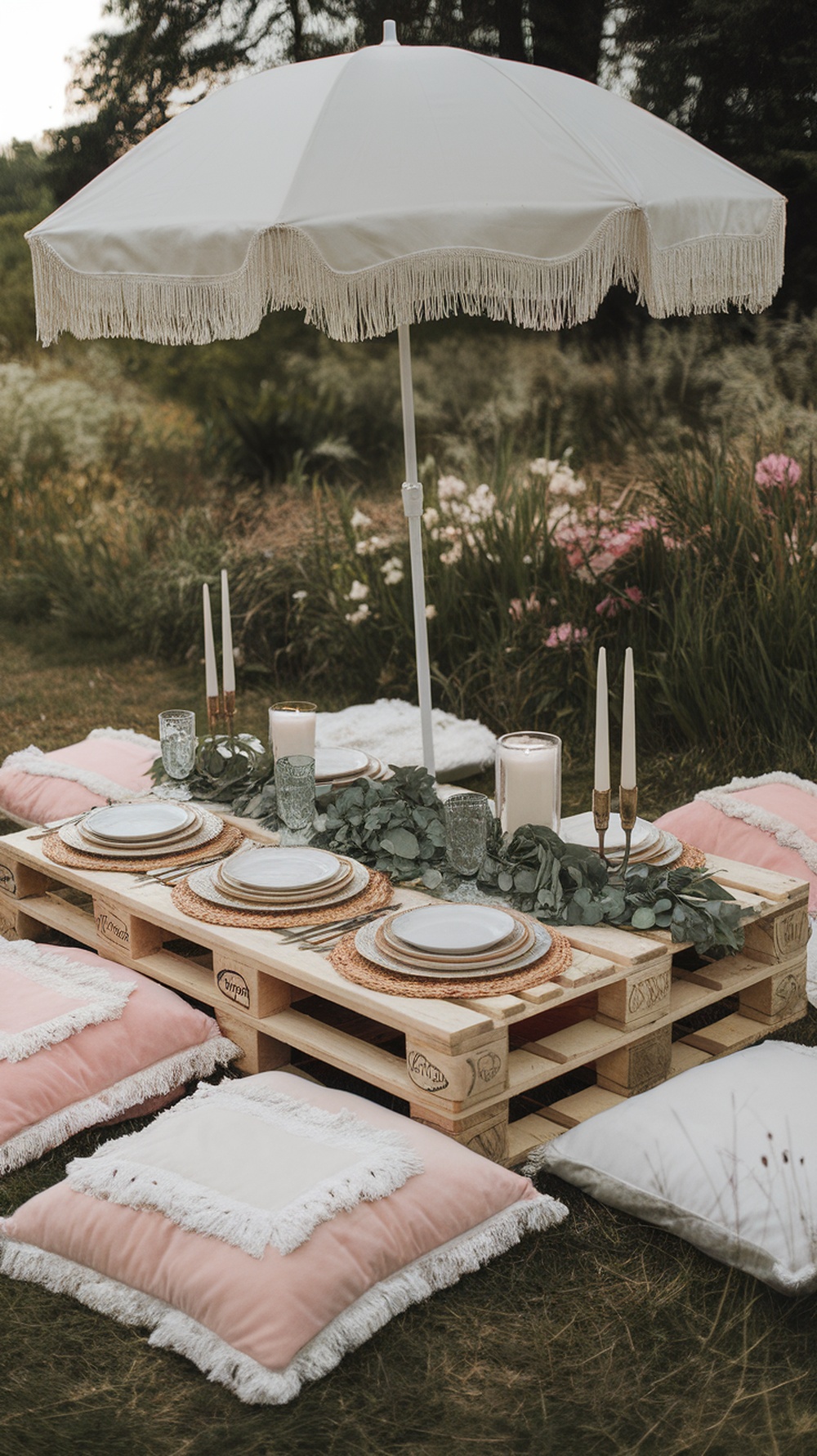 A cozy outdoor picnic setup with a pallet table, elegant tableware, and soft pillows.