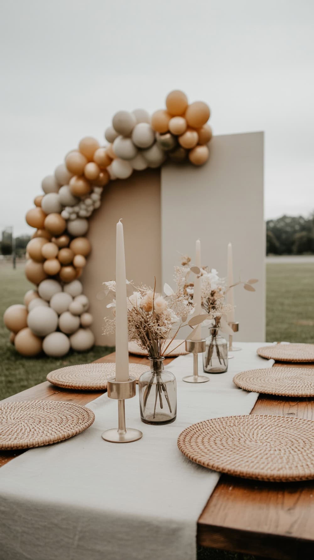A beautifully set graduation table with neutral colors, woven placemats, candles, and dried flowers, complemented by a balloon arch in soft tones.