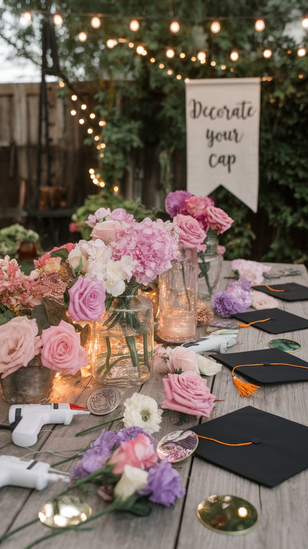 A table set up for a graduation cap decoration station with flowers and crafting tools.