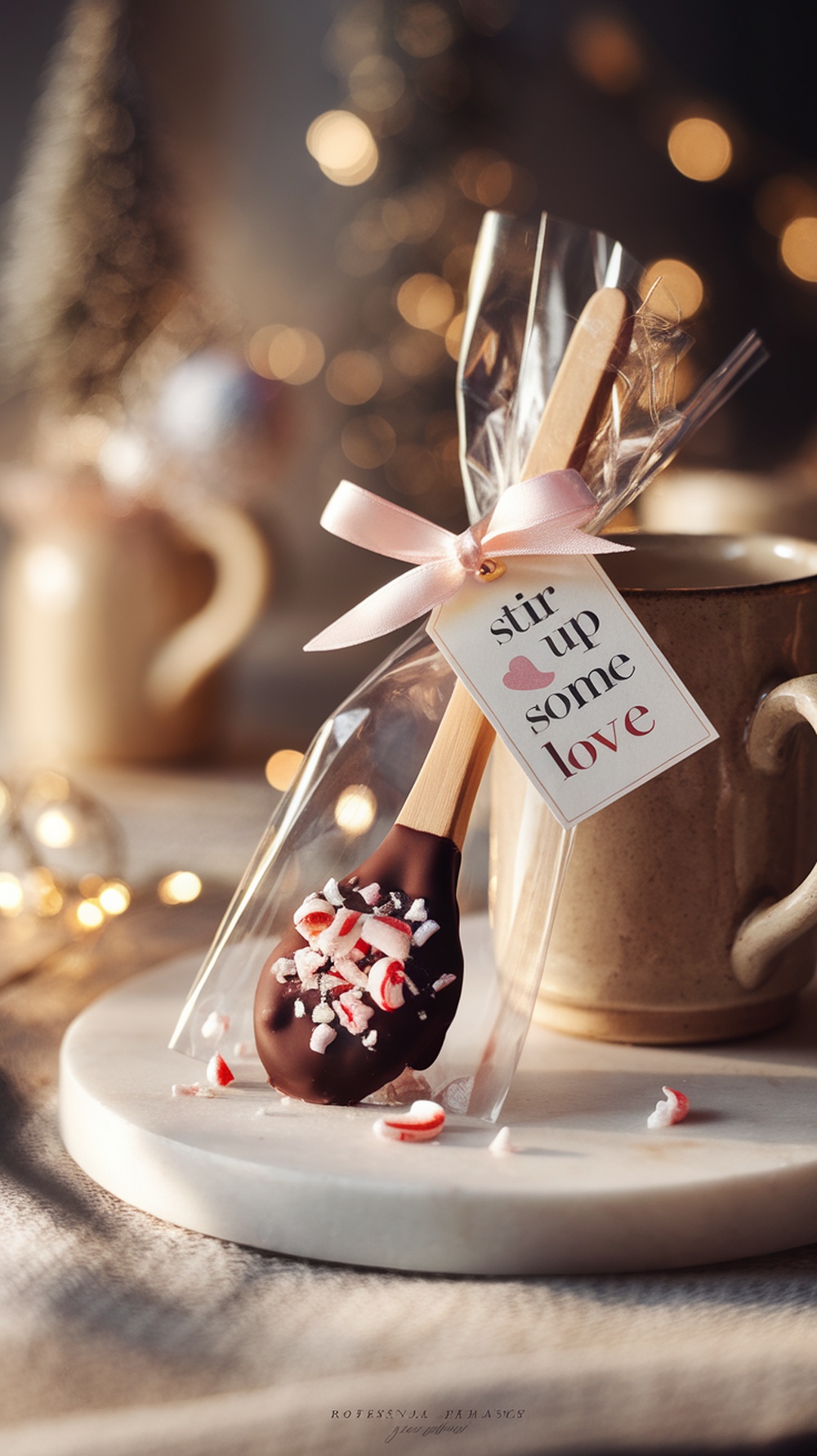 A chocolate spoon favor wrapped in clear plastic with a pink ribbon and a tag that reads 'stir up some love'.
