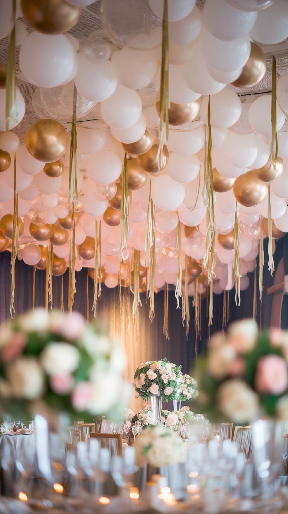A beautiful ceiling balloon installation featuring white and gold balloons with ribbons, creating a festive atmosphere for a bridal shower.
