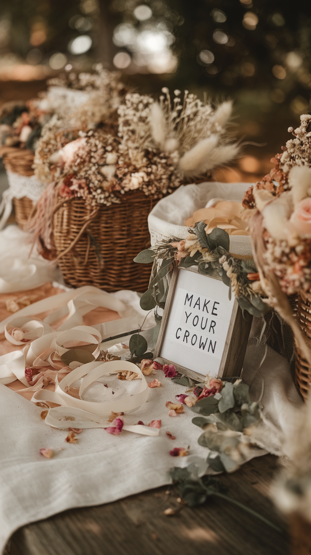 A flower crown station with baskets of dried flowers, ribbons, and a sign that says 'MAKE YOUR CROWN'.