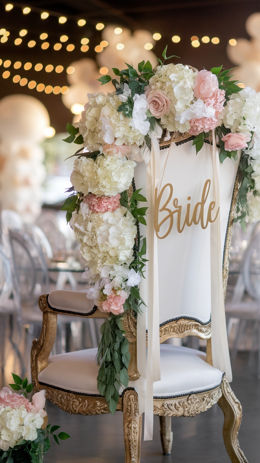A beautifully decorated throne chair for a bride, adorned with pink and white flowers and a 'Bride' sign.