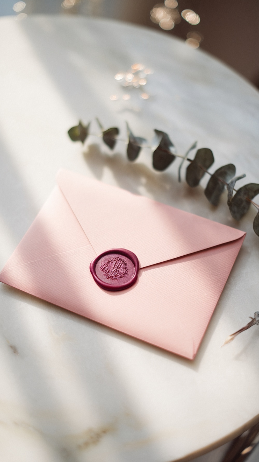 A pink envelope sealed with a wax seal sticker on a marble surface