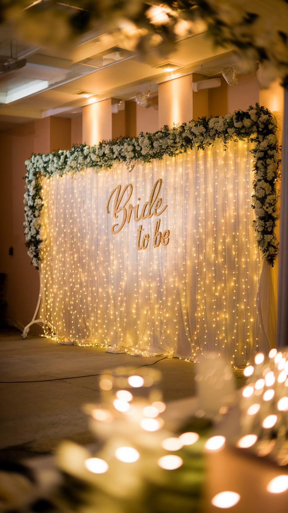 A decorative backdrop with fairy lights and flowers for a bridal shower.