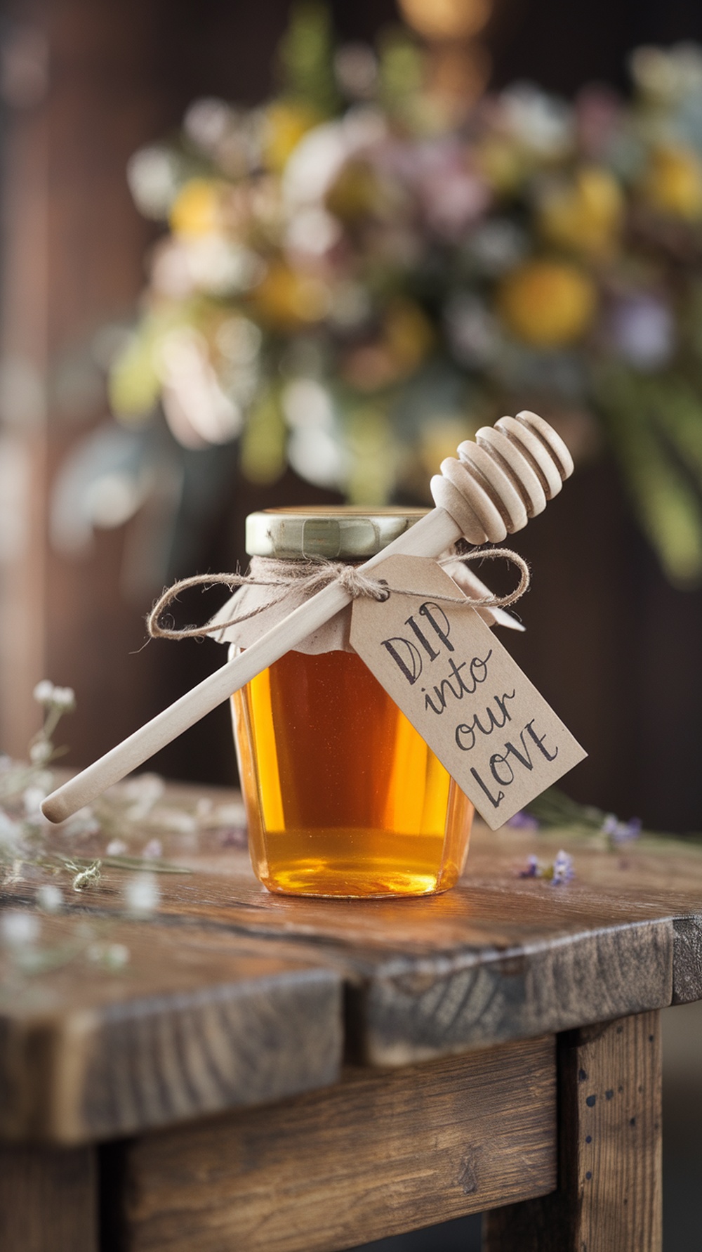A jar of honey with a wooden dipper and a tag that says 'Dip into our Love' on a rustic wooden table.