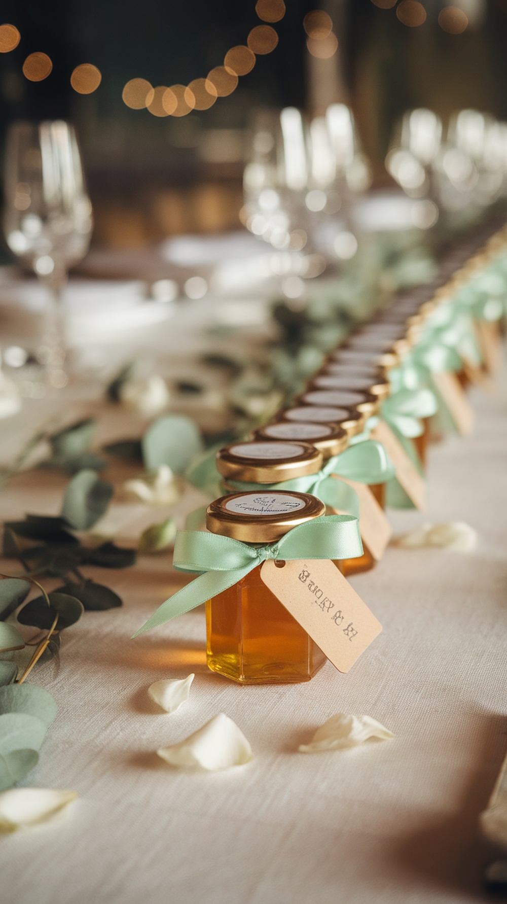 Table setting with honeydew green guest favours in jars, decorated with ribbons and tags.