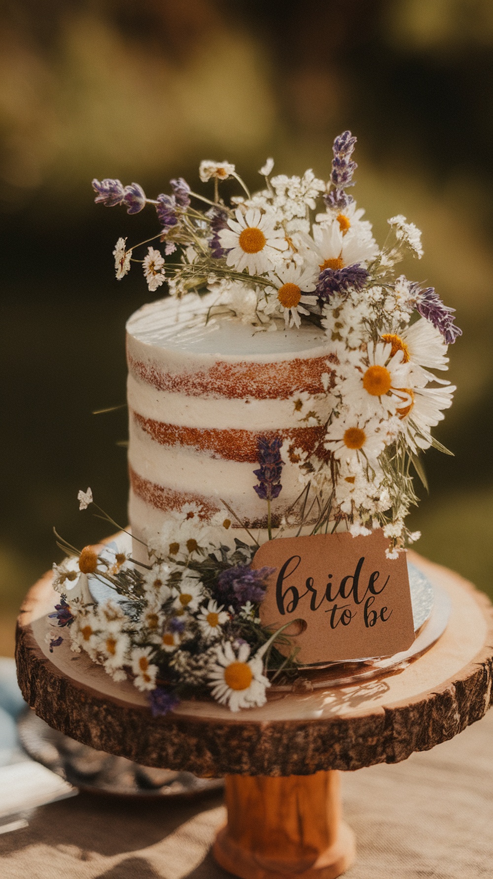 A rustic cake decorated with wildflowers and a sign that says 'bride to be'.