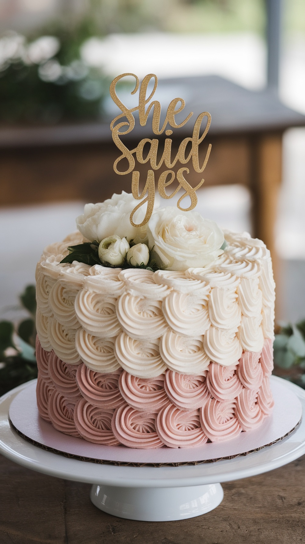 Ombre petal cake with a 'She said yes' topper and fresh flowers