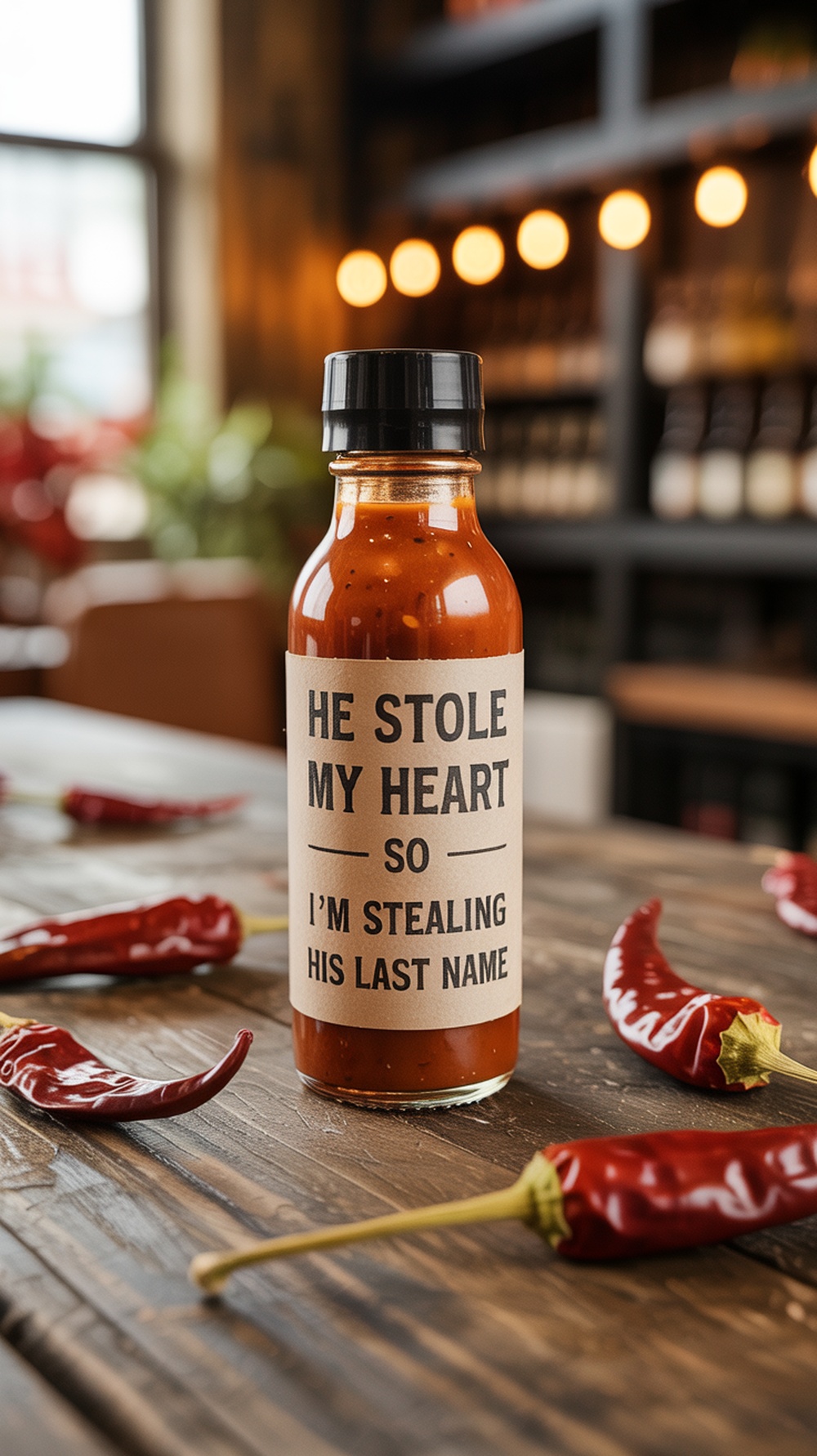 A mini hot sauce bottle with a humorous label on a rustic wooden table, surrounded by dried chili peppers.