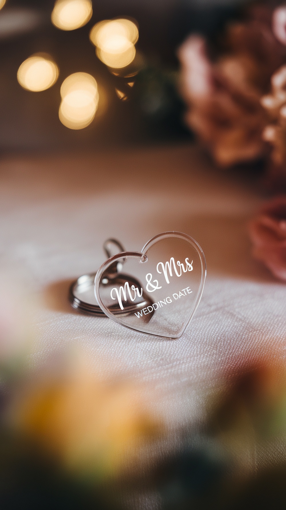 A heart-shaped acrylic keychain engraved with 'Mr & Mrs' and wedding date, surrounded by soft floral decor.
