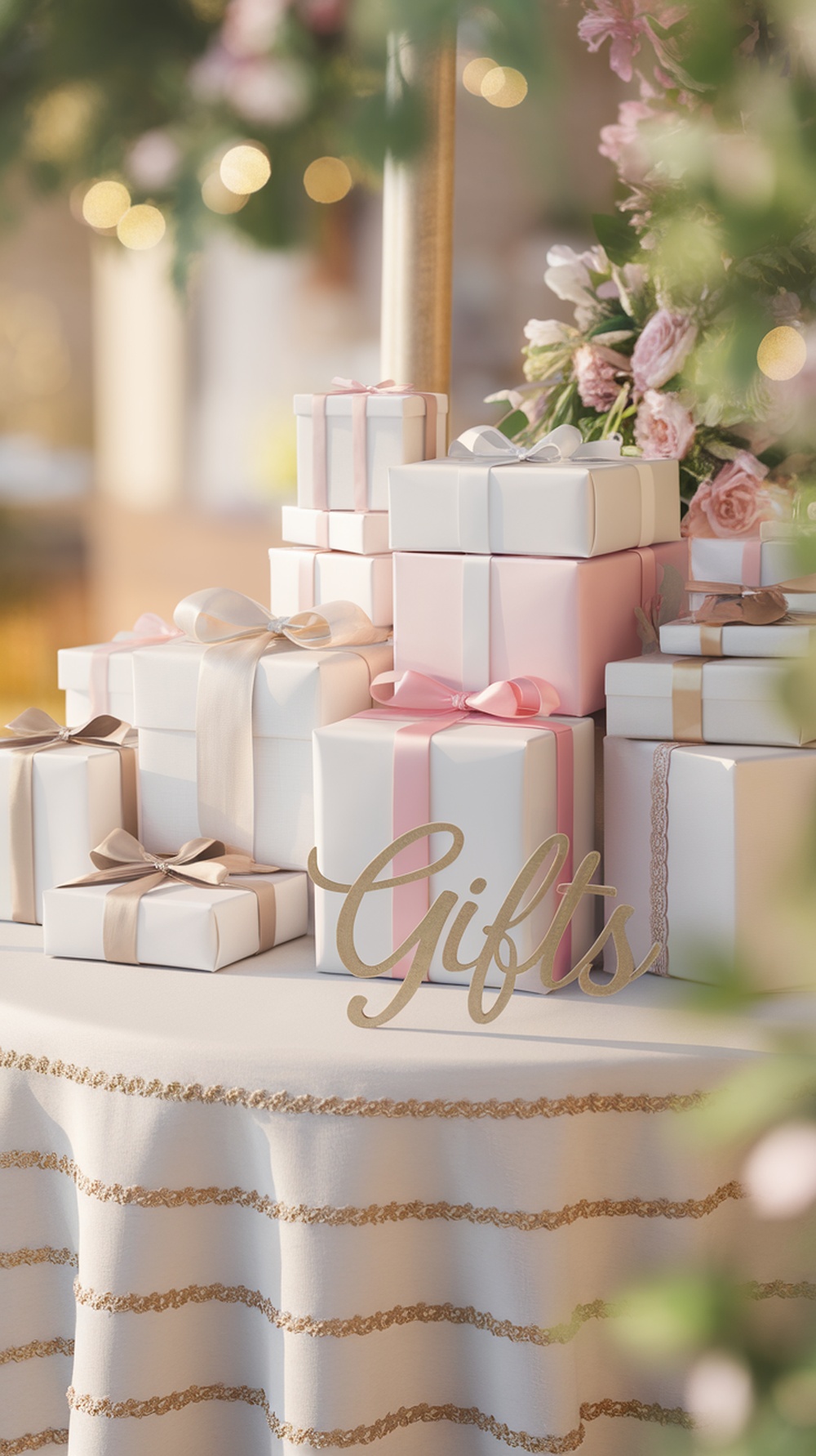 A beautifully decorated gift table with wrapped presents and a 'Gifts' sign.