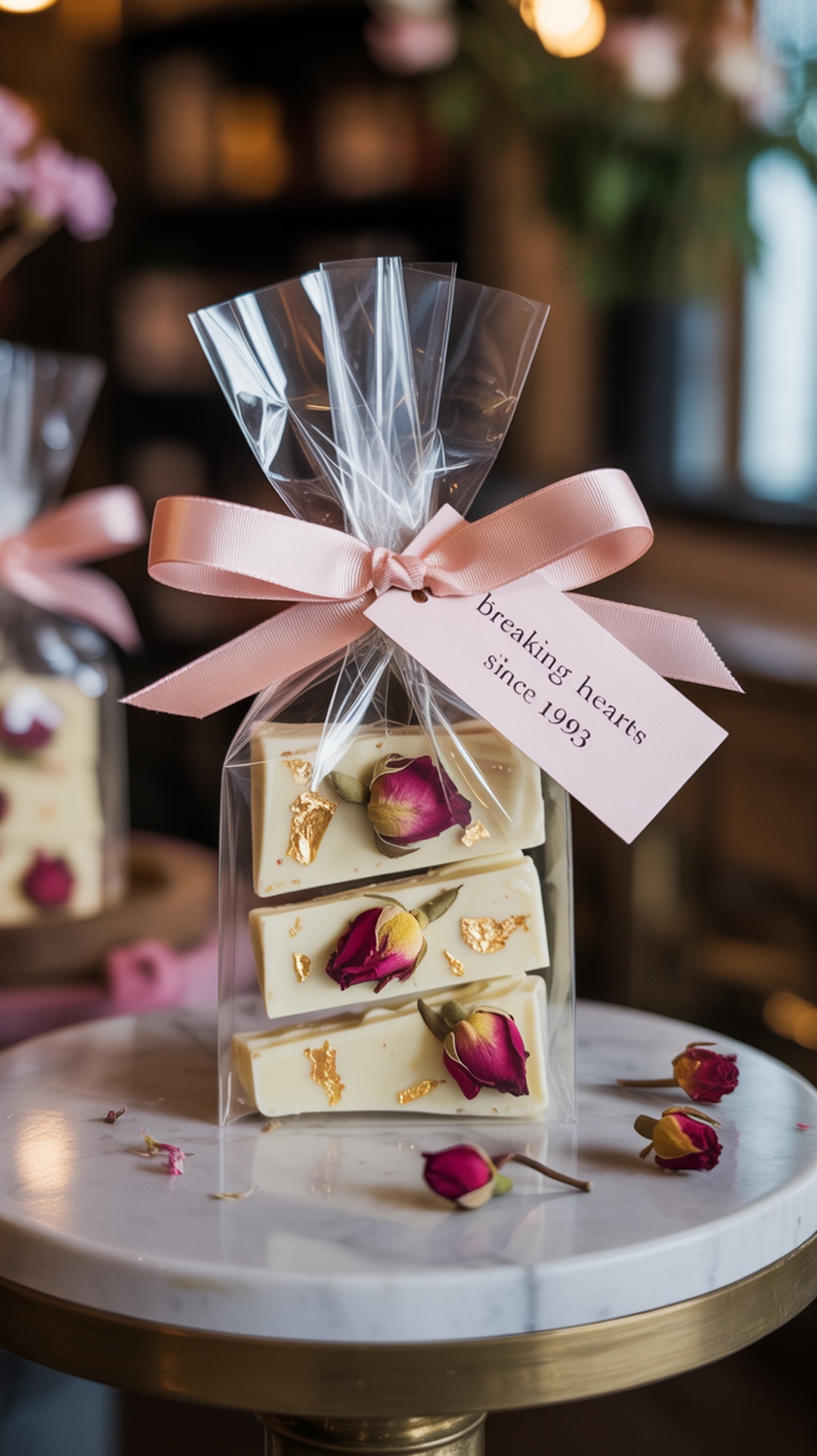 A clear bag containing white chocolate bark with rose petals and gold flakes, tied with a pink ribbon and a tag that says 'Breaking Hearts'.