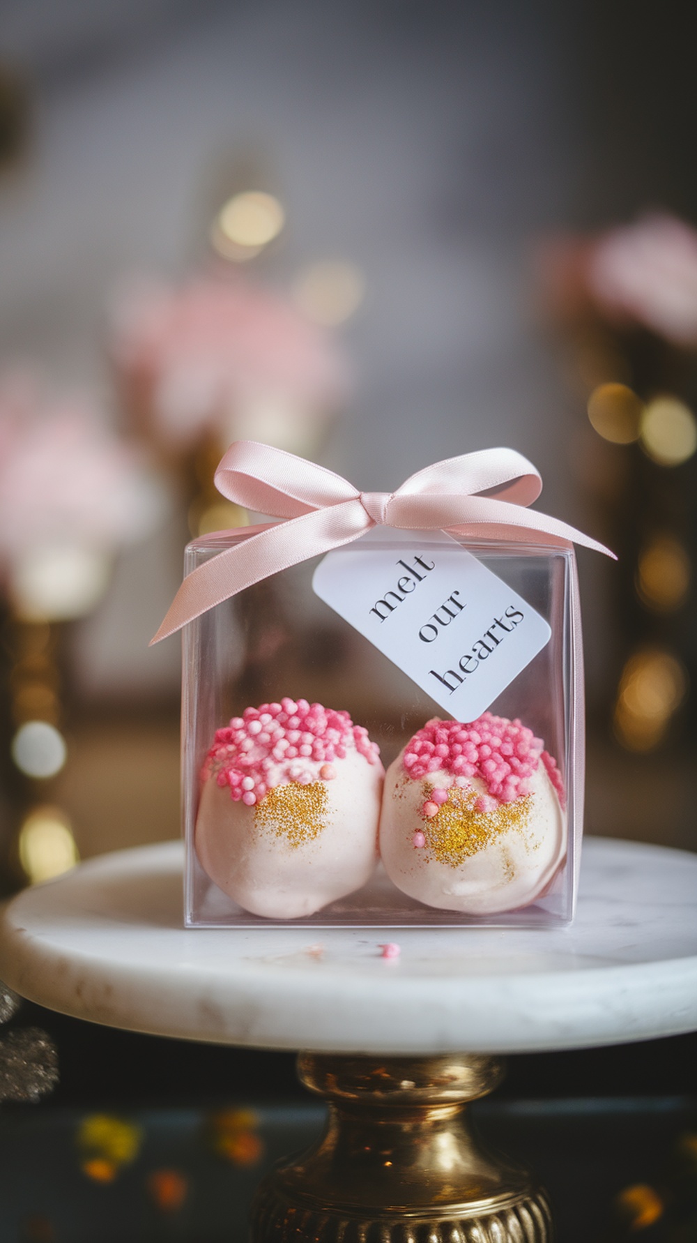 Chocolate dipped marshmallows in a clear box with a pink ribbon and a tag saying 'melt our hearts'