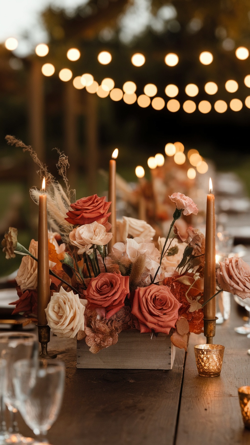 A beautifully decorated wedding table with floral arrangements and candles, set under warm string lights.