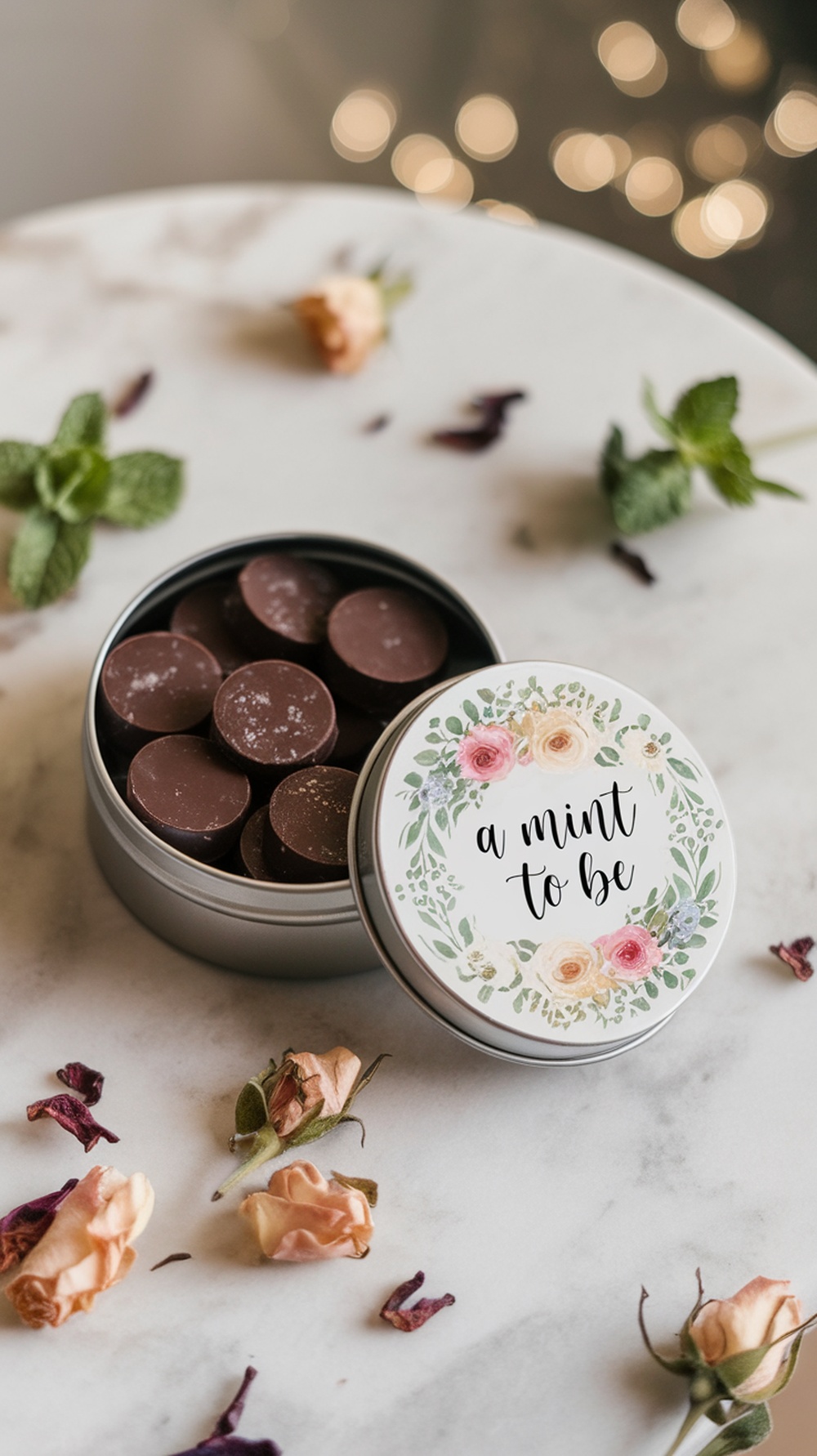A tin filled with chocolate mints, decorated with a floral design that says 'a mint to be.'