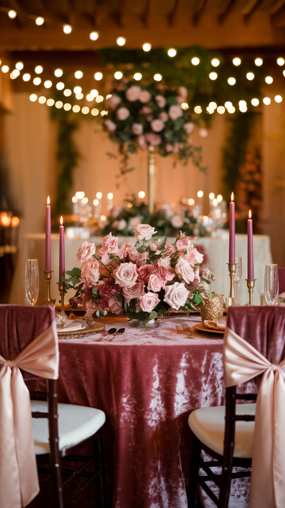 A beautifully decorated table at Miss Patty's Dance Studio for a fall wedding, featuring pink roses, candles, and elegant tableware.