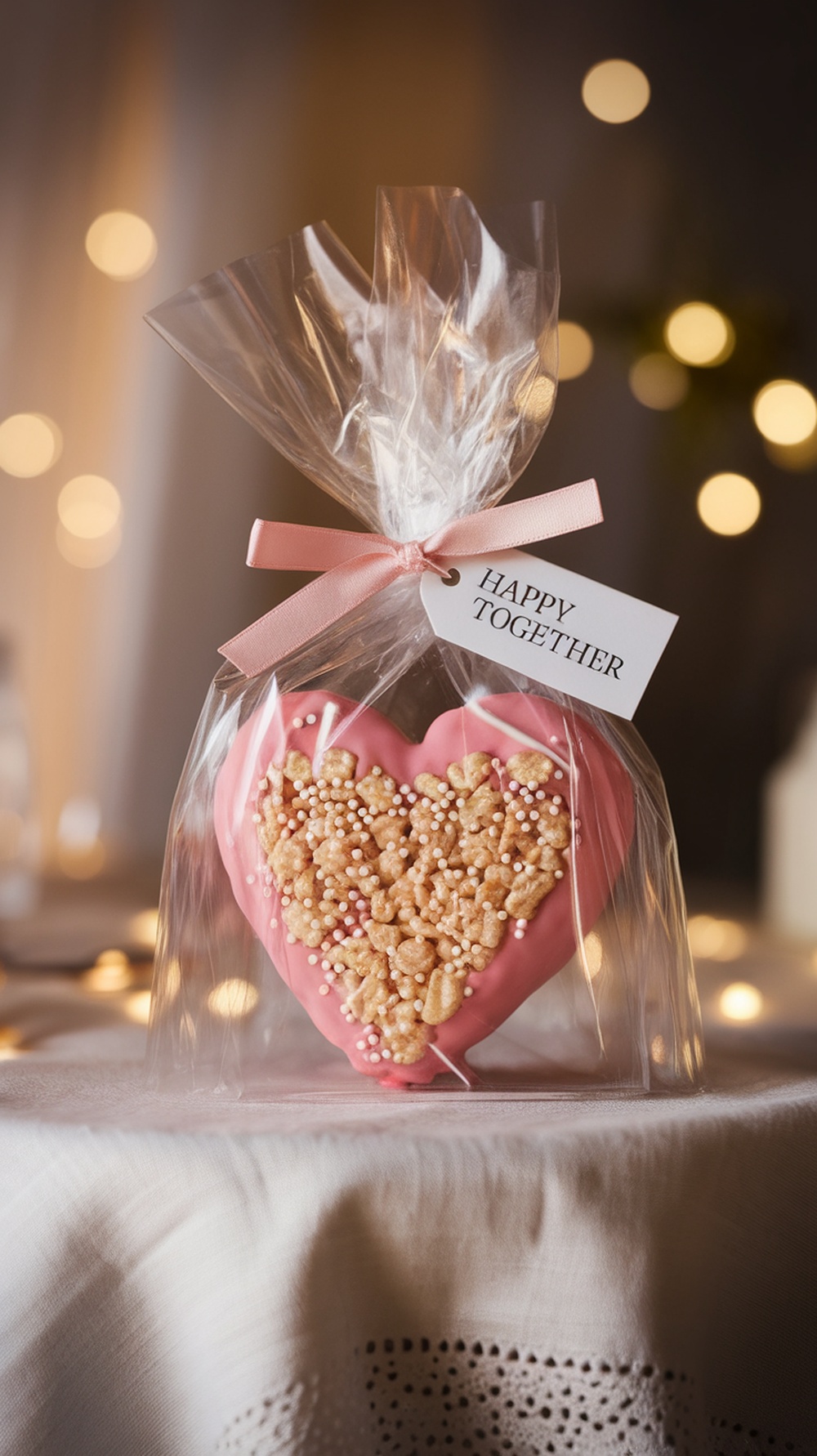 Heart-shaped chocolate covered rice crispy treat in clear packaging with a tag that says 'HAPPY TOGETHER'