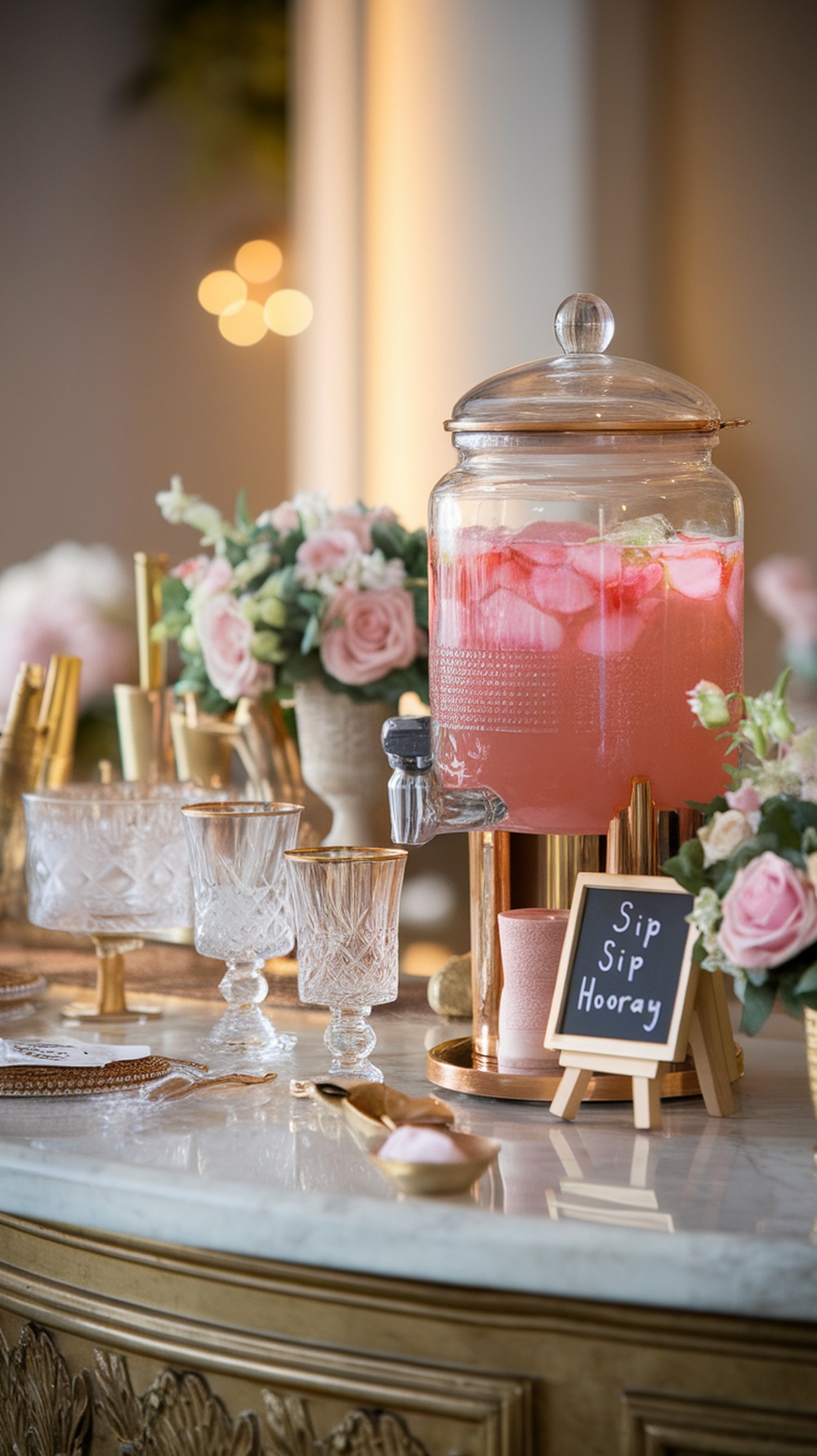 A beautifully arranged drink station for a bride-to-be party featuring a pink drink dispenser, elegant glassware, and floral decorations.