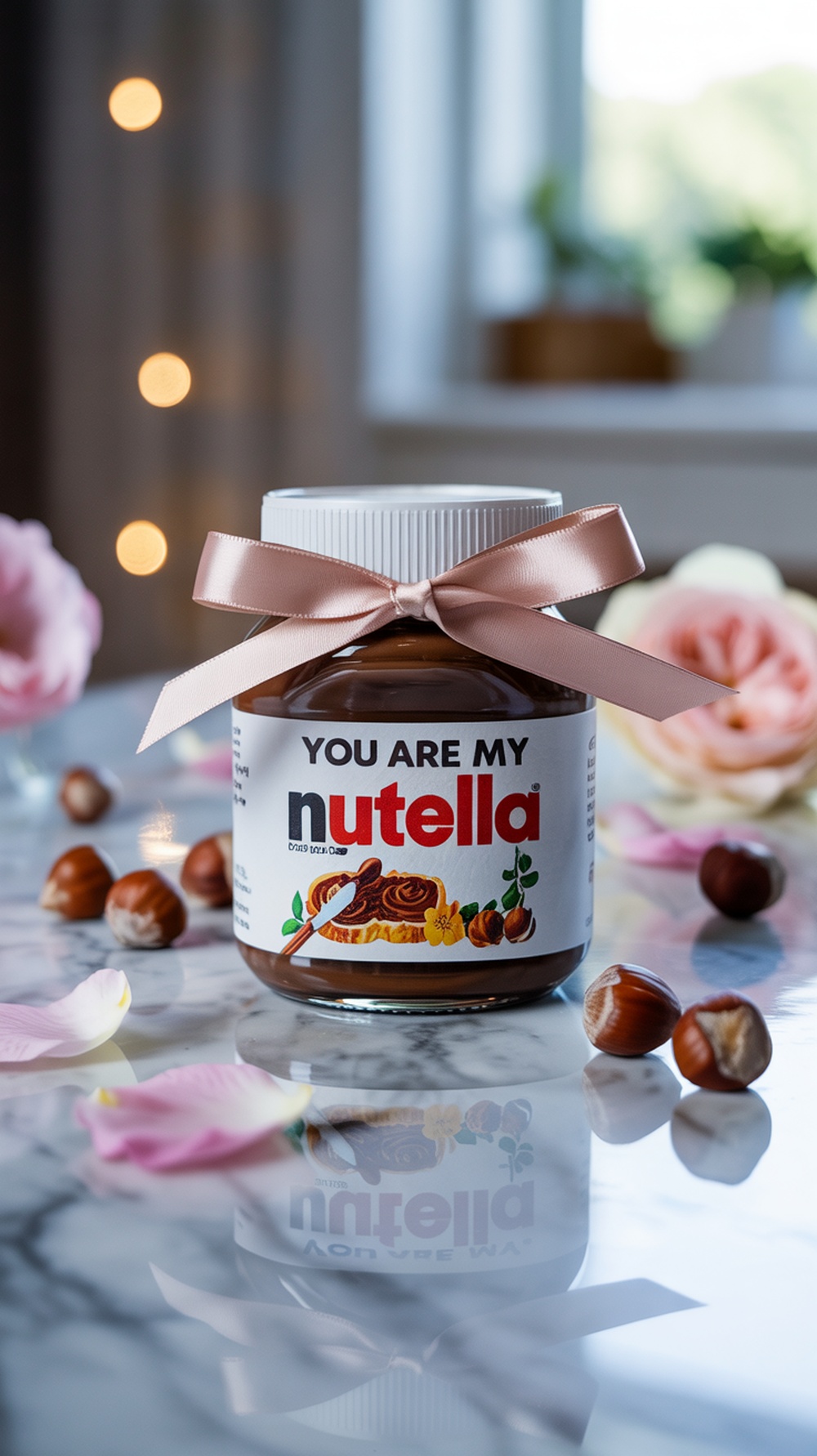 A mini Nutella jar decorated with a pink ribbon and lace, surrounded by rose petals and hazelnuts.