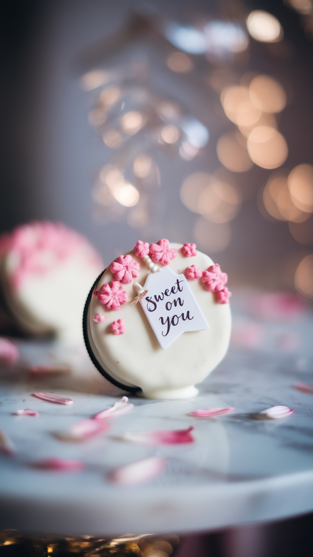 Chocolate covered Oreo with pink decorations and a tag that says 'Sweet on You'