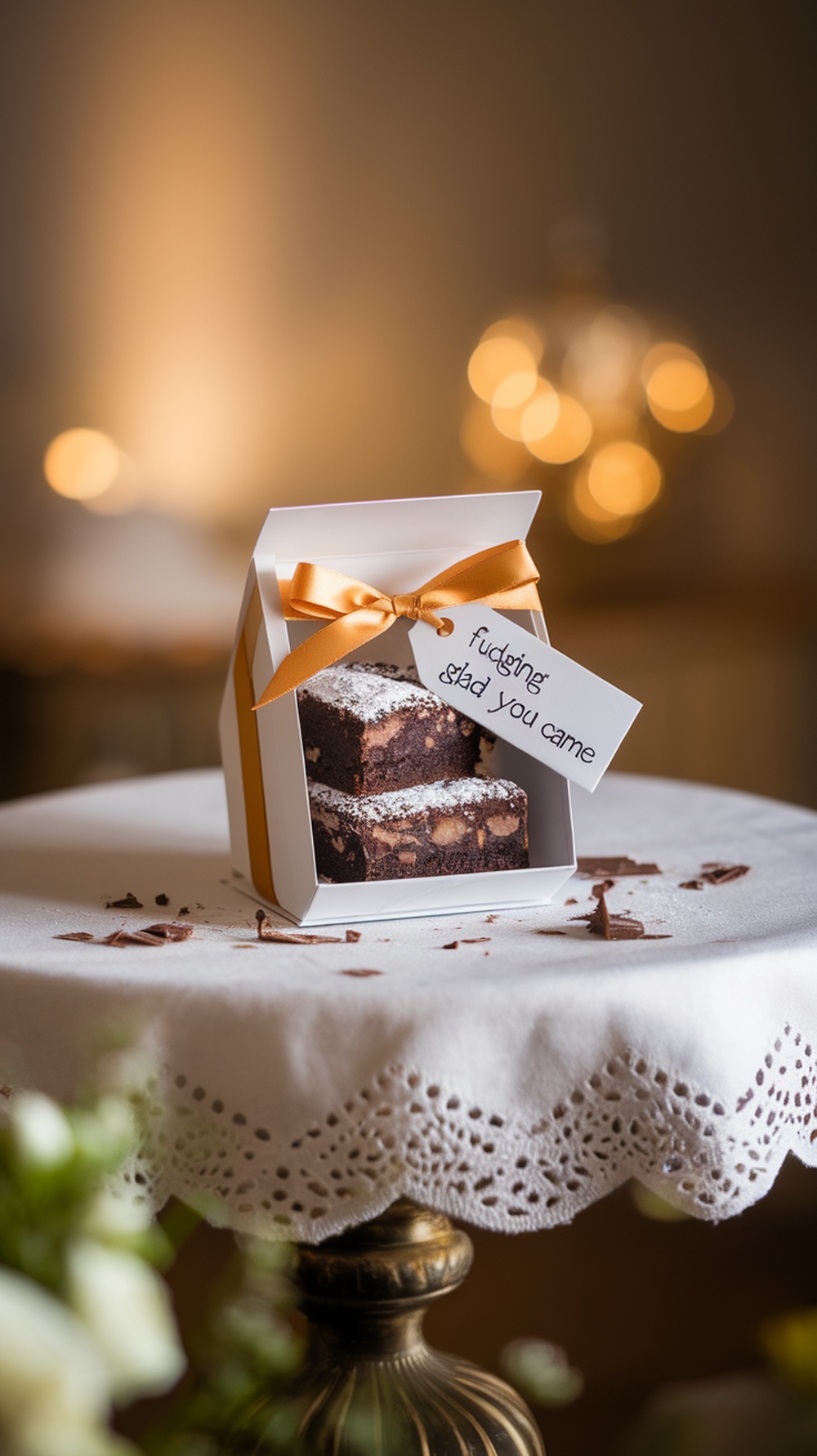 A beautifully packaged mini brownie box with a ribbon and a tag saying 'Fudging glad you came'.