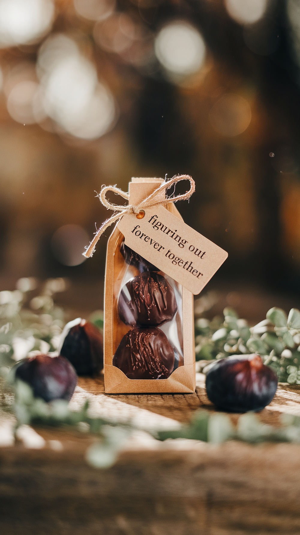 A bag of chocolate covered figs with a tag that says 'figuring out forever together'.