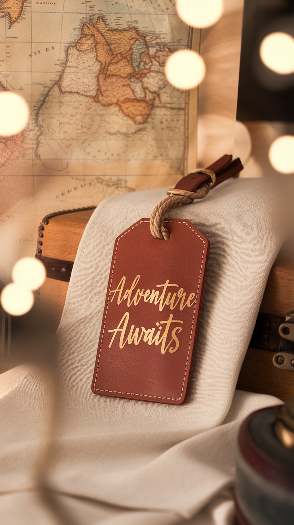 A personalized luggage tag with the phrase 'Adventure Awaits' on a soft fabric background