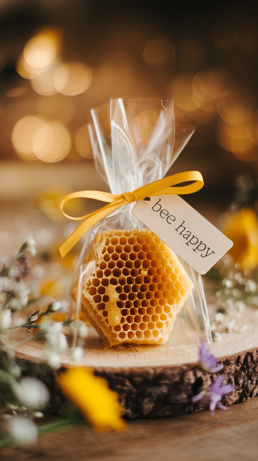 Mini honeycomb favor wrapped in cellophane with a yellow ribbon and a tag that says 'bee happy'