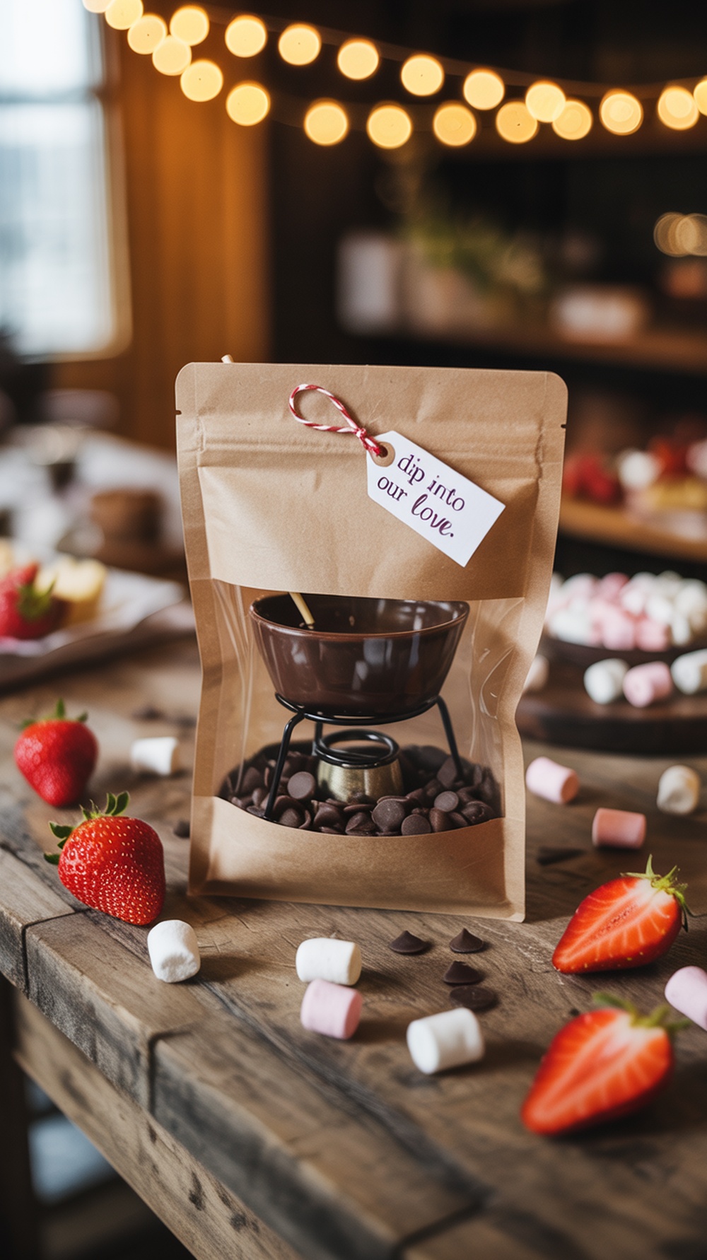 A mini chocolate fondue kit with a tag saying 'Dip into our love', featuring chocolate, strawberries, and marshmallows.
