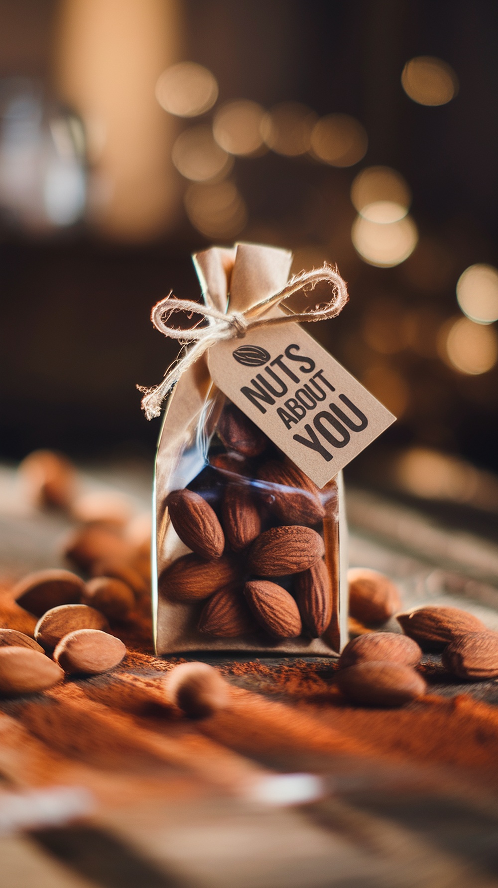A bag of chocolate covered almonds with a tag that says 'Nuts About You'