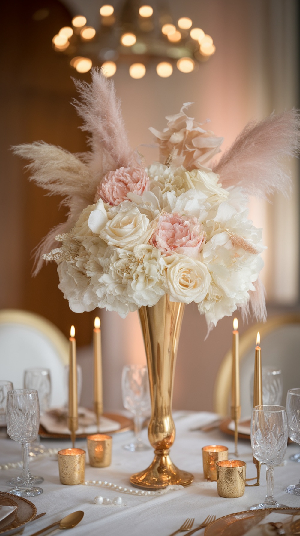 Elegant table centerpiece for a bride-to-be party featuring pastel flowers, golden vase, and candles.