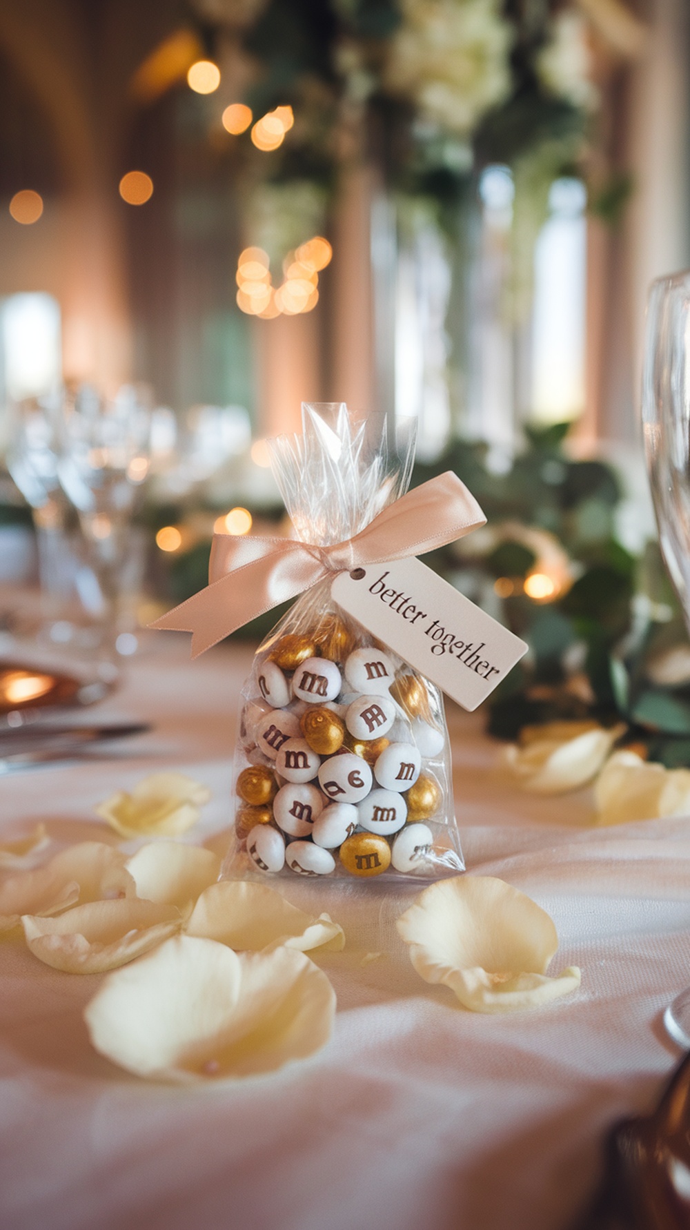 A personalized bag of M&Ms with a tag reading 'better together' on a wedding table.