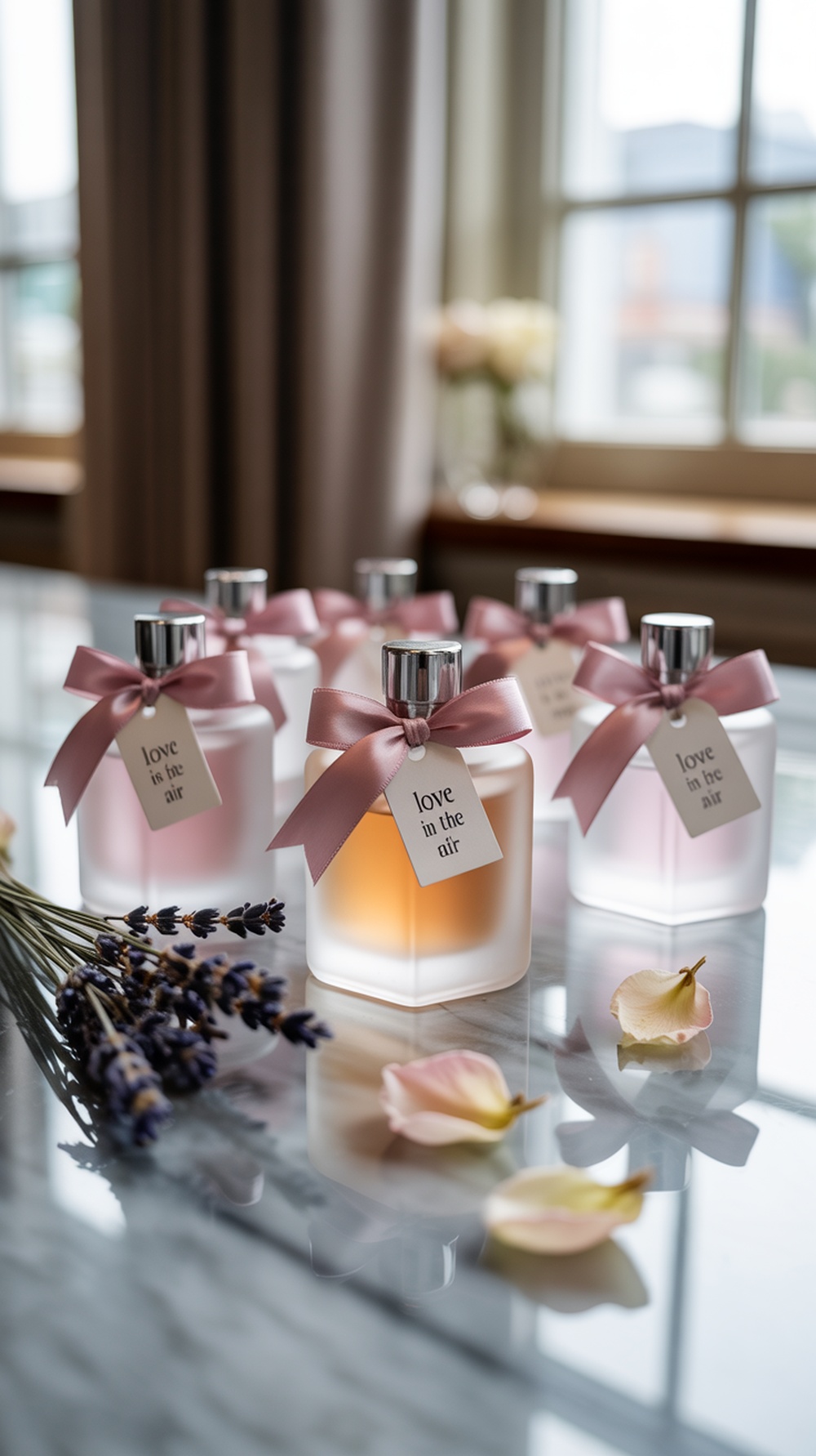 A table setting featuring frosted bottles tied with pink ribbons and tags that say 'Love is in the Air', surrounded by rose petals and lavender.