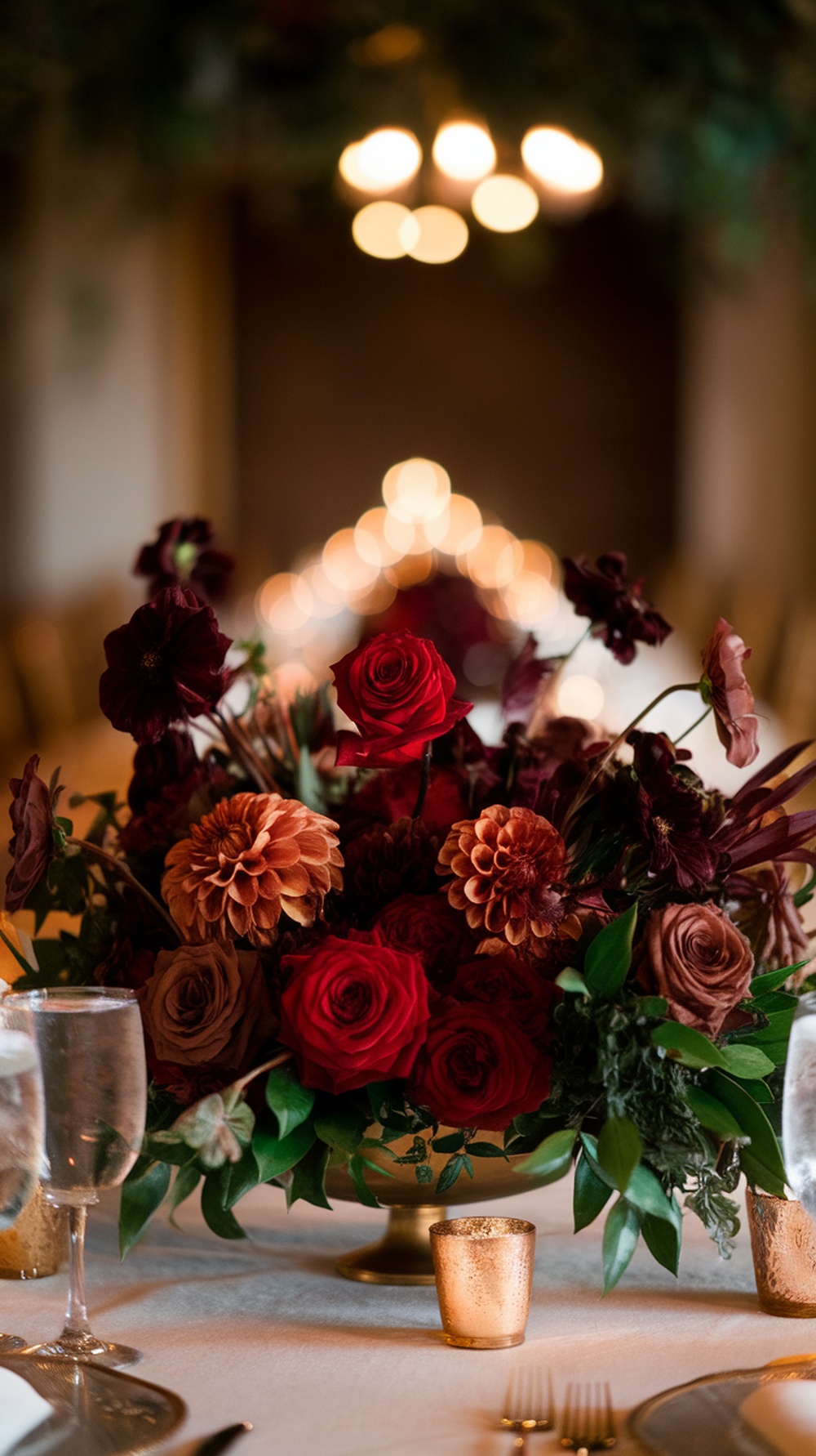 A floral centerpiece featuring red and brown flowers in a gold vase, surrounded by candles and glassware on a wedding table.