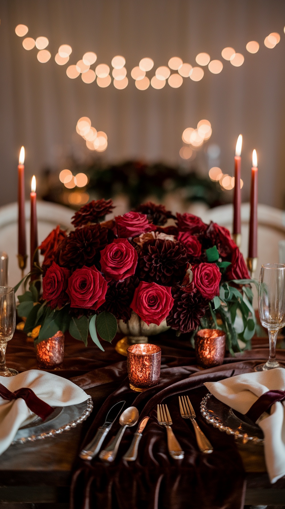 A beautifully arranged sweetheart table featuring deep red roses, dark blooms, candles, and elegant tableware.