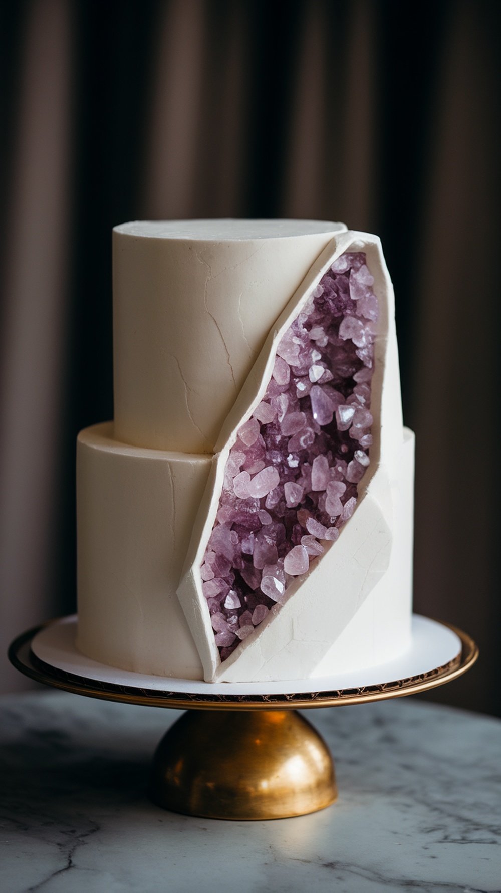 A two-tiered geode crystal cake with a smooth white exterior and a vibrant purple crystal interior, displayed on a gold cake stand.