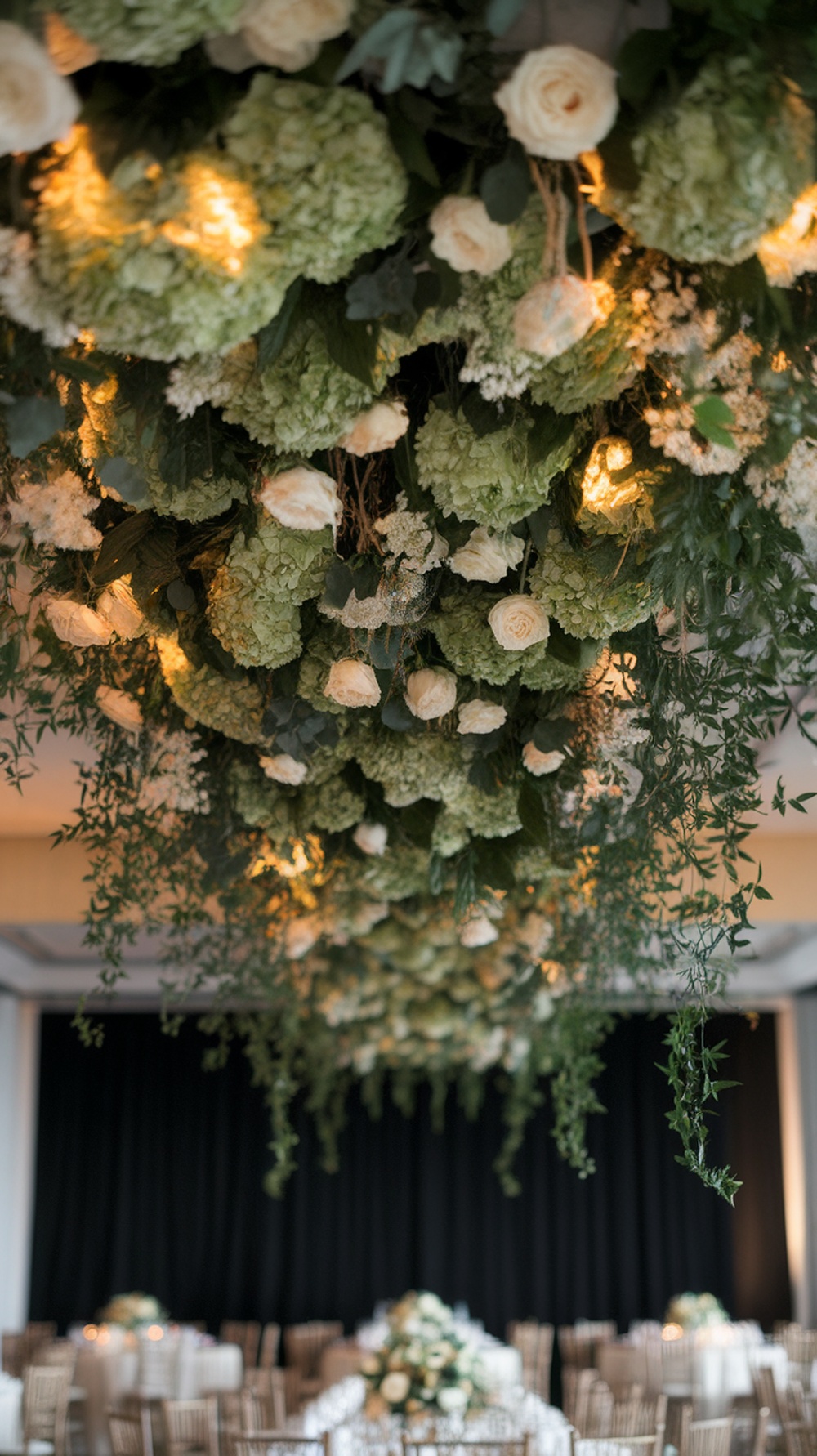 A beautiful suspended floral installation featuring honeydew green flowers and white roses, creating an elegant wedding decor.